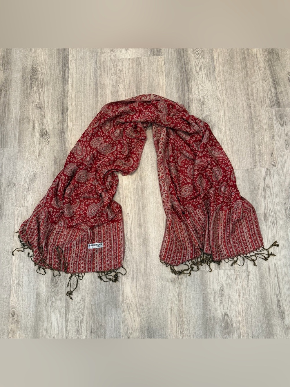 100% Pashmina Red Paisley Fringe Shawl Wrap Scarf